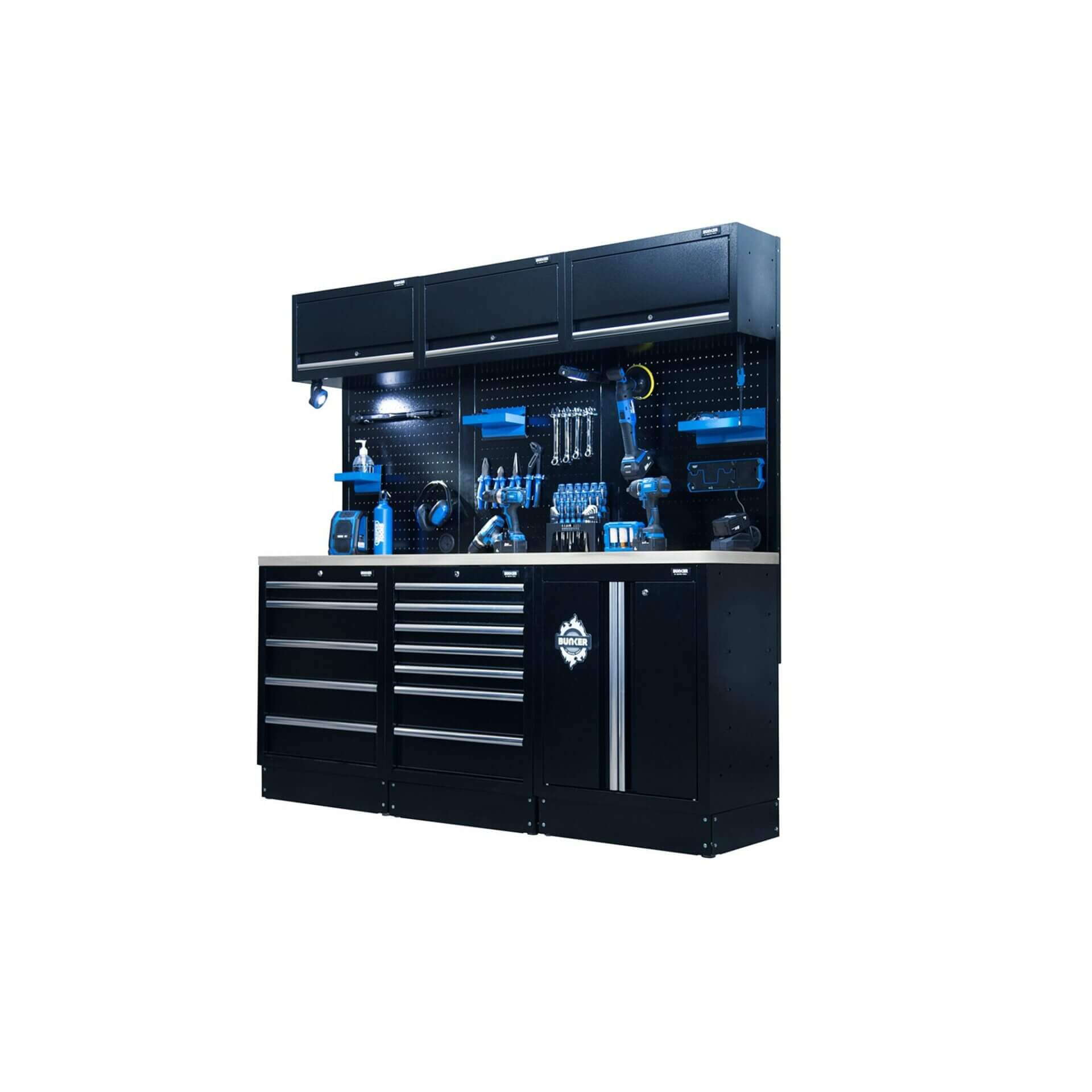 Configuration complète d'un établi BUNKER noir avec tiroirs, panneaux perforés et établi en inox