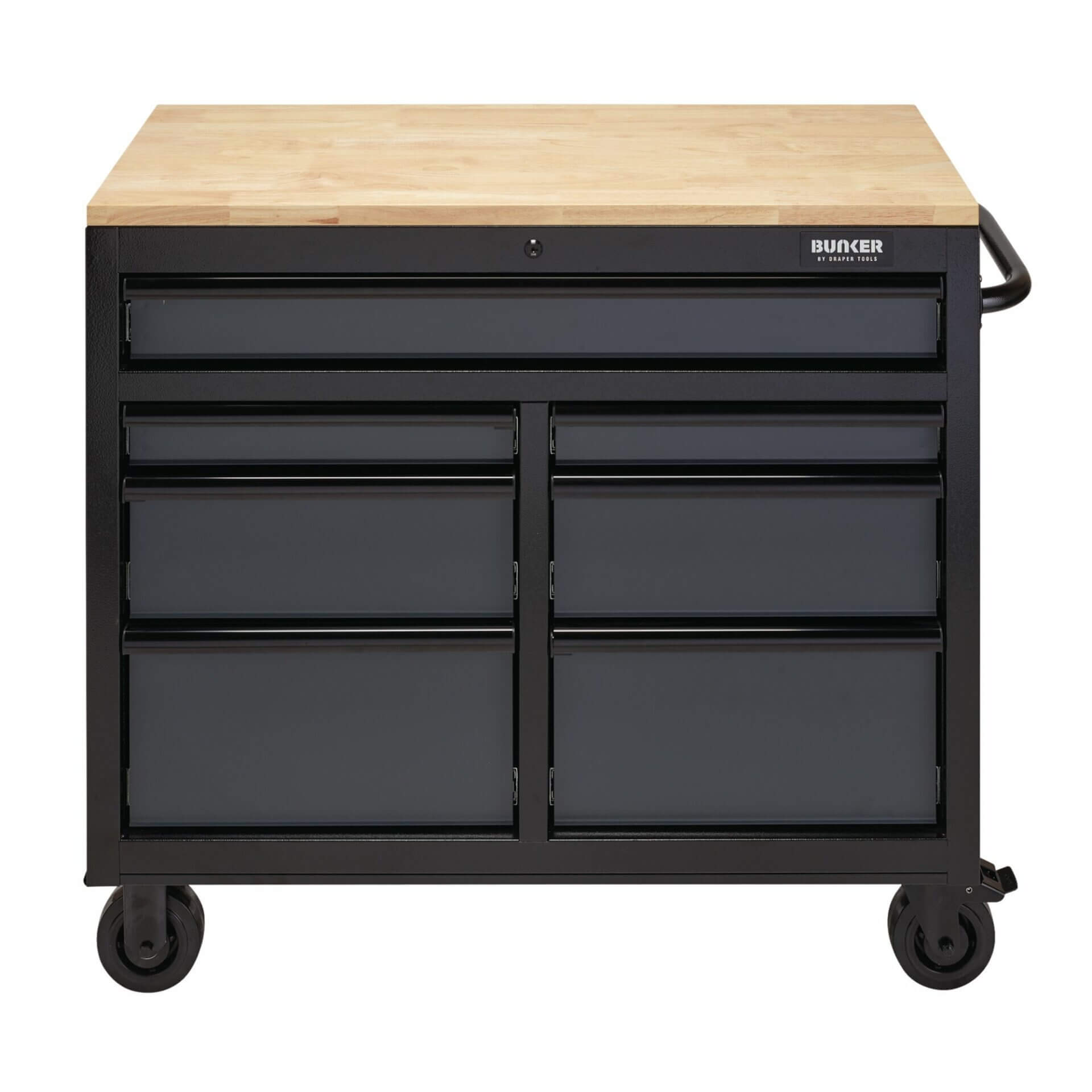 Servante d'atelier mobile avec plateau en bois dans un garage