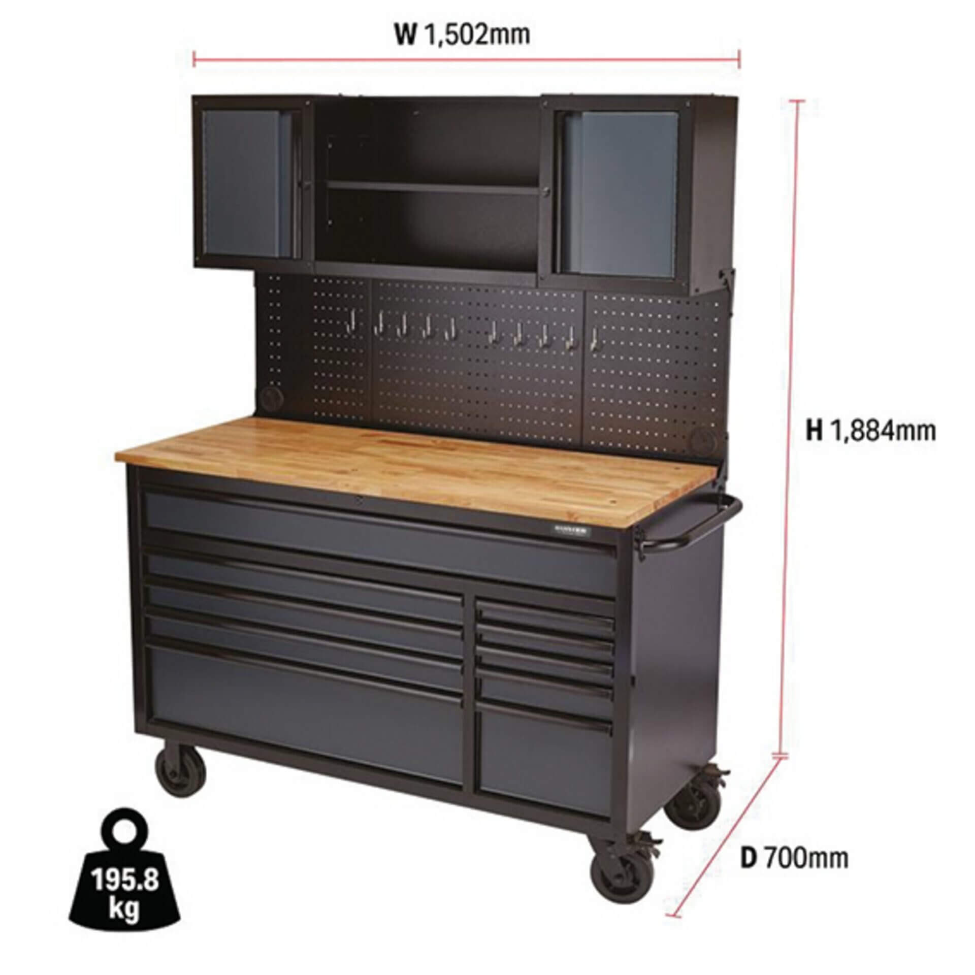 08242_2 Photo avec les dimensions de l'établi mobile avec 10 tiroirs de la marque bunker