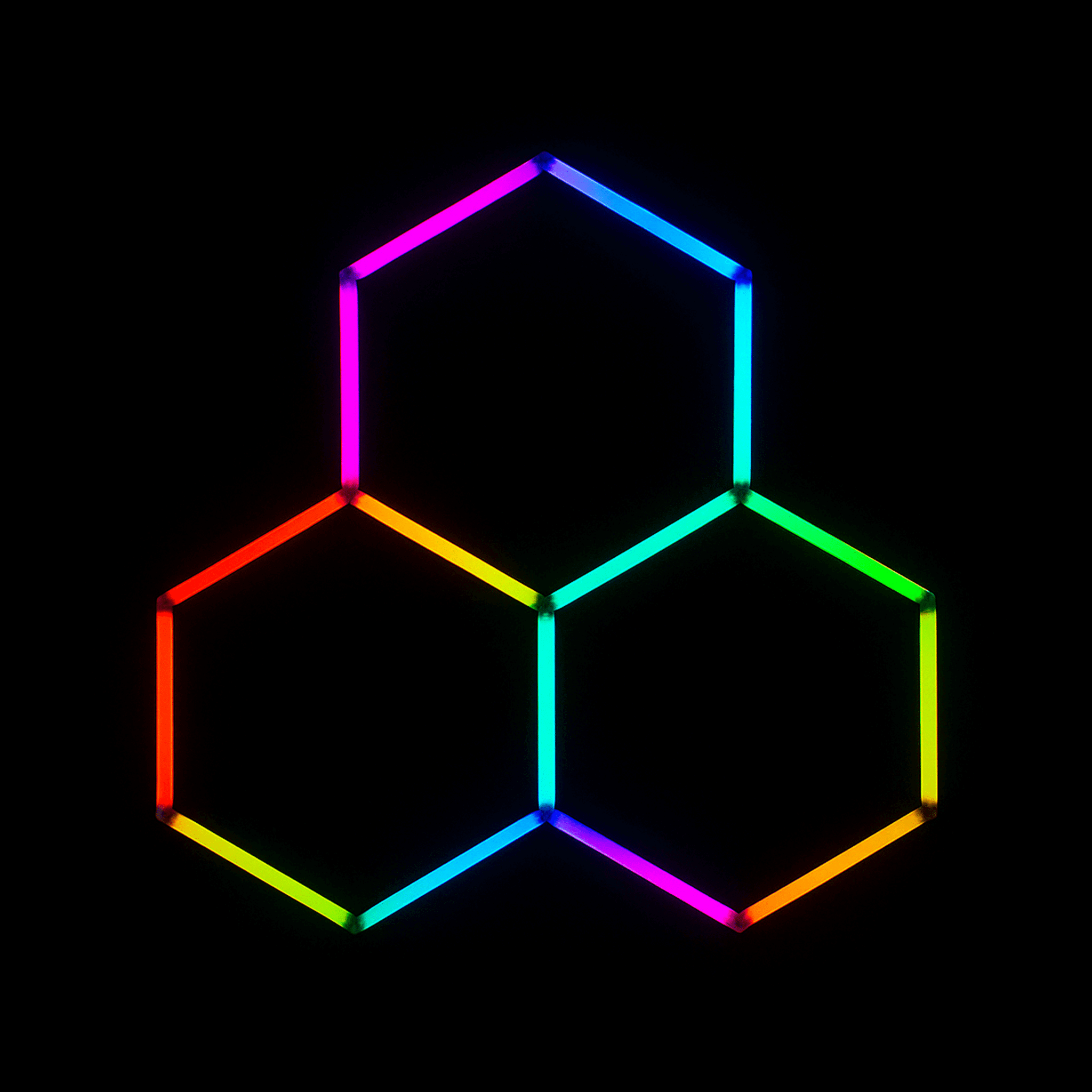 PRODUIT - LUMINAIRE - IZILIGHT- TYRI-BLACK-0 Luminaire LED RGB TYRI de 3 hexagones vue de face & multicolor